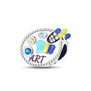 Silver artist palette charm with colorful enamel gems and ART engraving for bracelets