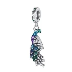 Pfau-Anhänger aus S925 Silber mit bunter Emaille und Zirkonia für DIY-Armbänder