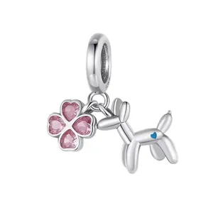 S925 Silber Kleeblatt-Anhänger mit rosa Herz-Kristallen und süßem Ballon-Hund Anhänger