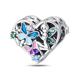 Charm cuore cavo in argento S925 con farfalla smaltata e fata per bracciali fai-da-te