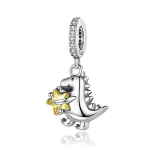 Poliertes S925 Sterlingsilber Dinosaurier-Charm mit gelbem Zirkonia-Stern und Pavé