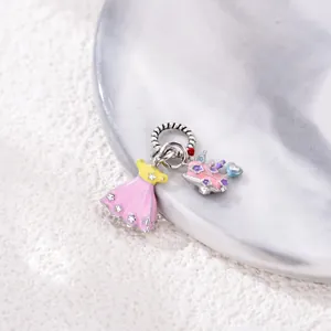Pink princess dress charm bead for DIY bracelets in enamel finished alloy metal