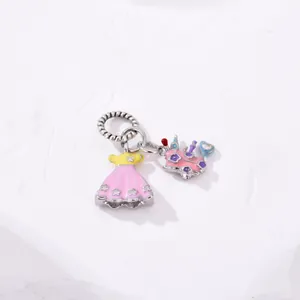 Pink princess dress and fairy castle charms for DIY jewelry making in silver alloy