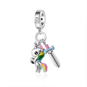 S925 sterling silver unicorn and sword pendant charm with colorful enamel and zircon