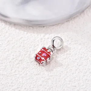 Red miniature suitcase charm with pink heart detail for DIY bracelets jewelry