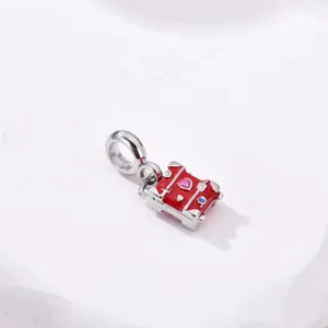 Red enamel suitcase charm with pink heart and blue stone details for DIY jewelry