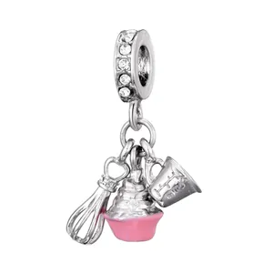 Baking Theme Alloy Enamel Cupcake Whisk Measuring Cup Dangle Charm With Cubic Zirconia For DIY Bracelet Jewelry Making