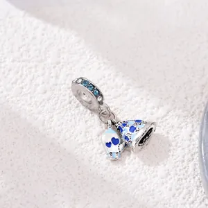 S925 silver charm with blue zircon, skull with heart eyes and patterned bell pendant