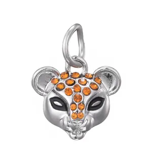 Leopard Head Charm Alloy Rhinestone Pendant For DIY Bracelet Necklace Jewelry Making Silver Orange Stone Jewelry Accessory