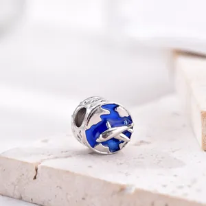 Silver world map airplane charm with blue enamel for DIY bracelet travel jewelry