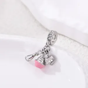 Pink cupcake and whisk charm pendant in silver metal for DIY baking themed bracelets
