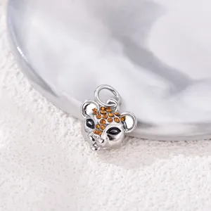 Detailed silver alloy leopard head charm with orange rhinestones for DIY bracelets