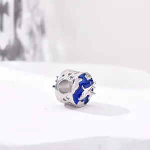 Blue enamel globe ocean charm with silver shark relief for DIY charm bracelets