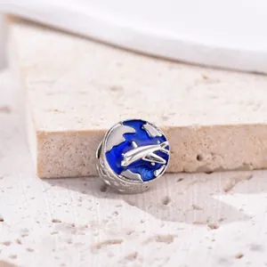 Globe charm bead with blue enamel map and silver airplane for DIY travel bracelet