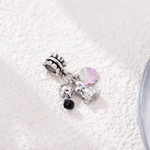 Vintage silver bride and groom kiss charm with pink enamel paw and puppy pendant