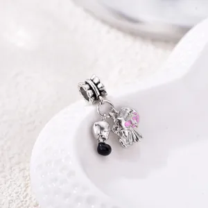 Gothic S925 silver skull dangle charm with pink enamel and black teardrop pendant