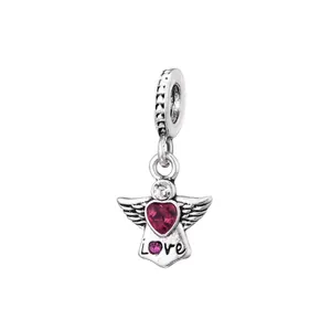 Silver angel wings charm with red heart gemstone and Love engraving for DIY bracelets