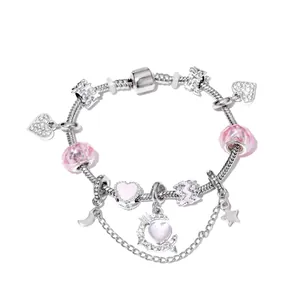 Pulsera DIY Charm Con Cuentas de Resina Facetadas Rosas Colgante de Luna Estrella Corazón Pulsera de Cadena de Serpiente de Aleación de Plata Para Mujer Joyería Regalo