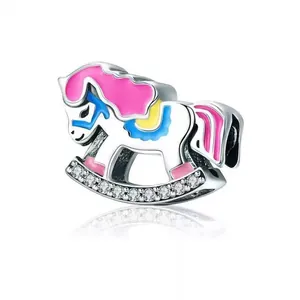 Polished silver rocking horse charm with colorful enamel and sparkling zircon details