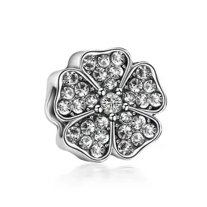 Sparkling silver flower charm with clear cubic zirconia stones for DIY charm bracelets