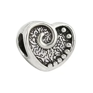 Vintage heart shaped silver alloy charm bead with spiral patterns for DIY jewelry