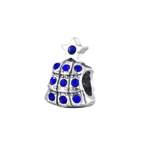 Christmas tree charm with blue rhinestones and vintage silver finish for DIY jewelry