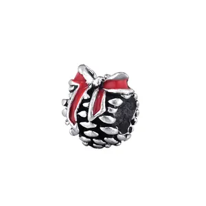 Silver pine cone charm with red enamel bow for DIY bracelet necklace jewelry making