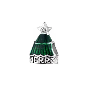 S925 silver Christmas tree charm with green enamel, star zircon and Merry engraving