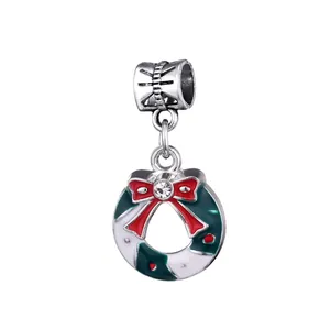 Christmas wreath charm with red bow and crystal for DIY jewelry making pendants