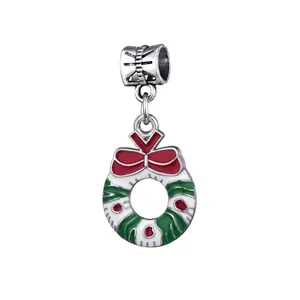 Christmas wreath charm pendant with red bow and green enamel for DIY jewelry making