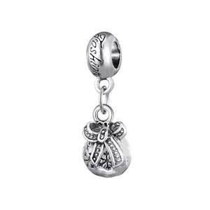 Silver lucky bag charm with bow and snowflake patterns for DIY bracelets