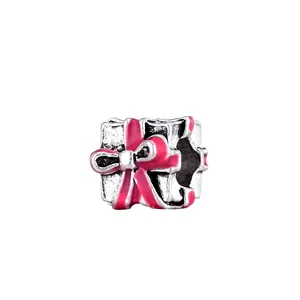 Silver gift box charm with pink enamel bow for DIY bracelets and jewelry making