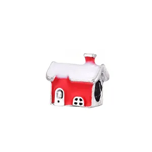 Christmas red house charm with white enamel snow for DIY bracelet and earring jewelry