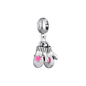 Pink enamel heart mitten charm in silver alloy with Fashion engraving for DIY jewelry