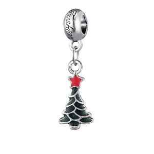 Christmas tree charm with green enamel and red star for DIY jewelry making