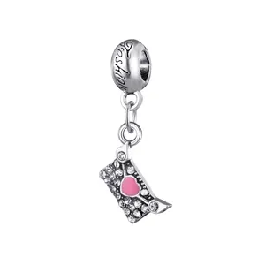 Silver envelope charm pendant with pink enamel heart and sparkling white crystals