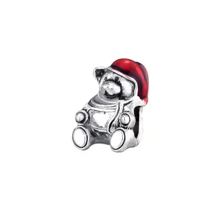 Silberner Weihnachts-Bär Charm mit rotem Emaille-Hut für DIY Armbänder Schmuck