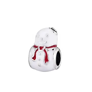 Cute snowman charm bead in silver with white and red enamel for DIY bracelets