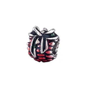 Silver strawberry pine cone charm bead with red and green enamel for DIY bracelets