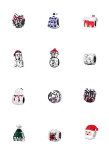 Detailed grid view of 12 Christmas charms with pine cones, snowmen, and enamel trees
