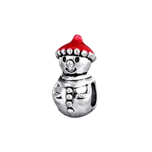 Silver snowman charm bead with red enamel hat for DIY bracelet and jewelry making