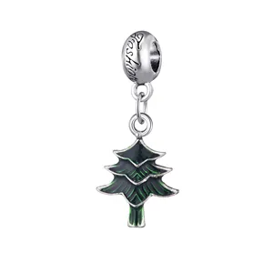 Silver alloy Christmas tree charm with green enamel and Fashion engraved ring for DIY bracelet