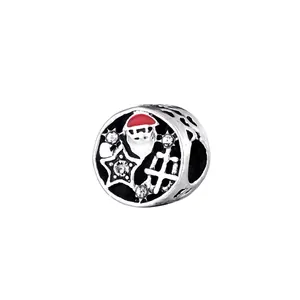 Silver Christmas Santa bead charm with black enamel and zircons for DIY bracelets