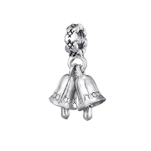 Vintage silver double bell pendant with engraved cross-grid bead and antique finish