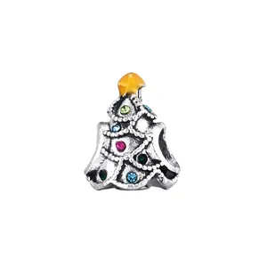 Christmas tree charm bead with colorful crystals in vintage silver alloy for DIY jewelry