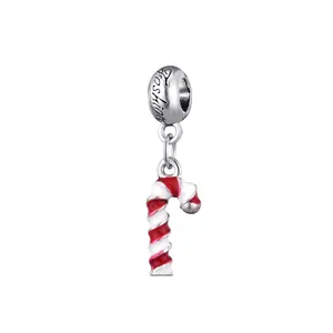 Silver candy cane charm with red enamel and Fashion engraving for DIY bracelets