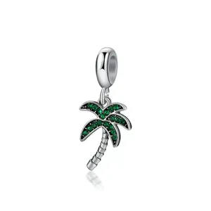 Silver palm tree charm pendant with green pave-set crystals for DIY jewelry making