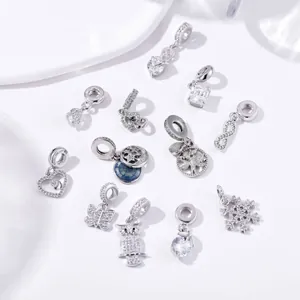 Silver-plated heart and snowflake charms set with cubic zirconia for DIY jewelry