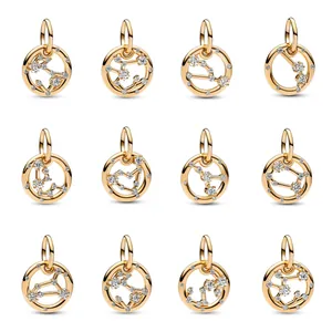 Gold Alloy Zirconia Zodiac Constellation Charm Round Hollow Starry Sky DIY Jewelry Accessories Women Personalized Necklaces Bracelet