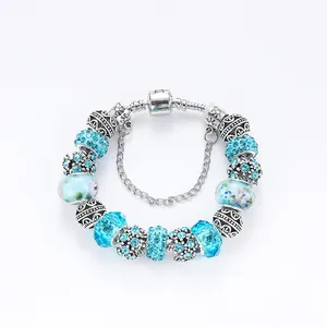 Fashion lake green DIY beaded bracelet with sparkling crystal and blue glass beads